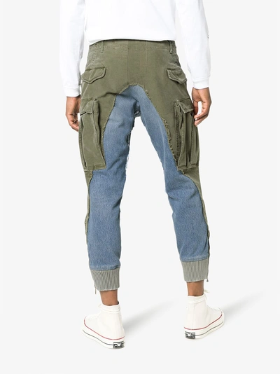 Shop Greg Lauren Denim Panel Distressed Cotton Trousers In Blue