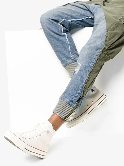 Shop Greg Lauren Denim Panel Distressed Cotton Trousers In Blue