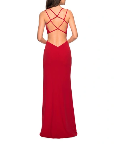 Shop La Femme Asymmetric-neck Sleeveless Jersey Dress With Strappy-back & Thigh-slit In Red