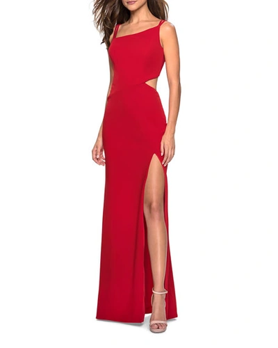 Shop La Femme Asymmetric-neck Sleeveless Jersey Dress With Strappy-back & Thigh-slit In Red