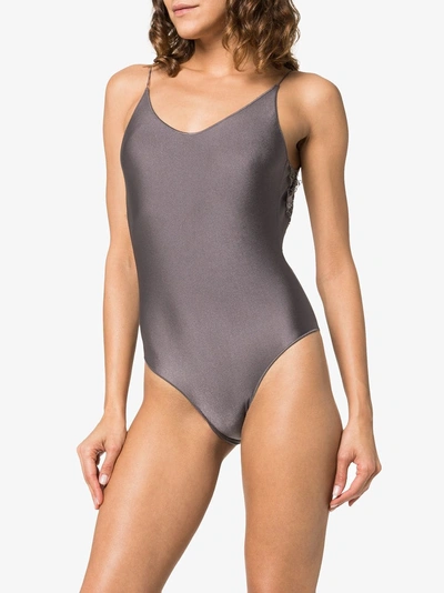 Shop Oseree Travaille Lace Trim Scoop Back Swimsuit In Grey