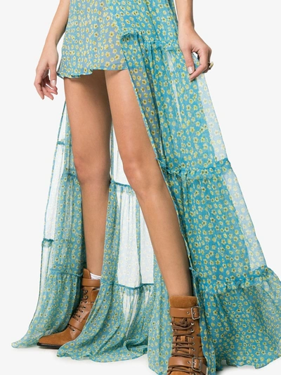Shop Amiri Layered Skirt Floral Print Silk Gown In Blue