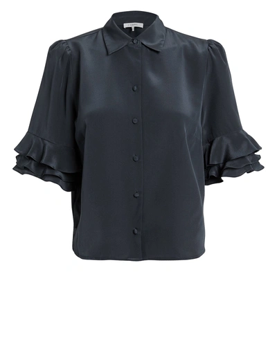 Shop Frame Ruffled Silk Button-down Shirt In Navy