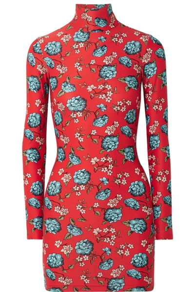 Shop Vetements Floral-print Stretch-jersey Turtleneck Mini Dress In Red