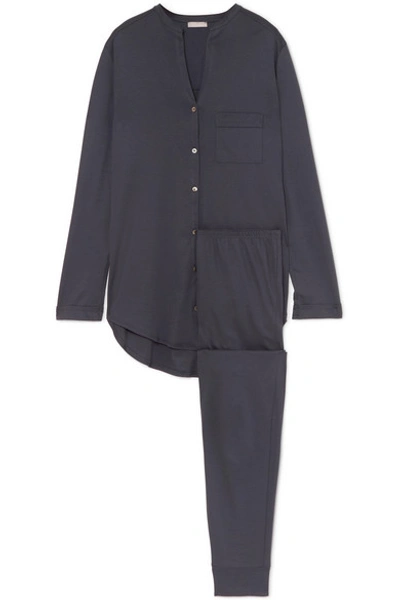 Shop Hanro Mercerized Cotton Pajama Set In Navy
