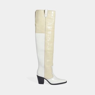 Shop Ganni | Nadine Over The Knee Boots In Bright White Calfskin And Suede