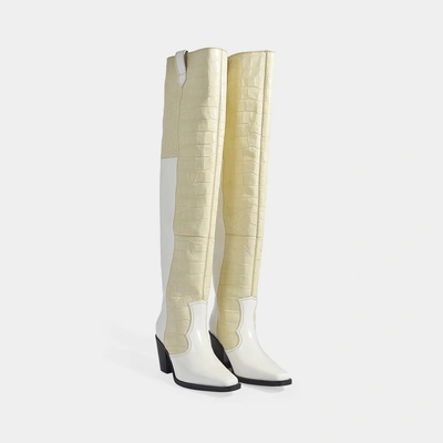 Shop Ganni | Nadine Over The Knee Boots In Bright White Calfskin And Suede