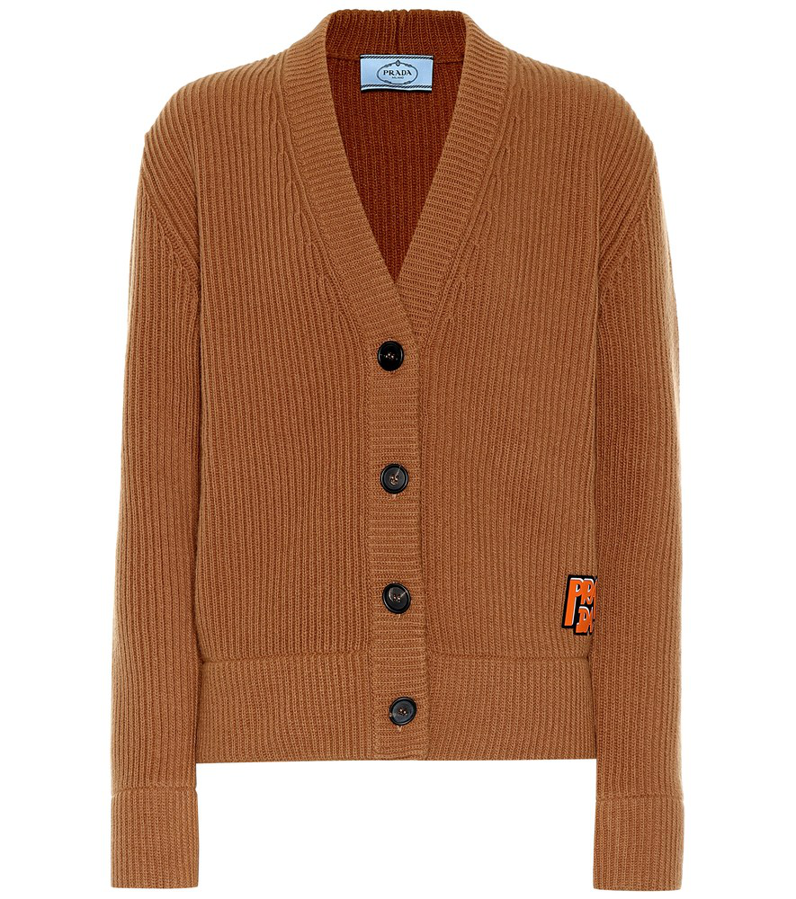 Prada Appliquéd Ribbed Wool And Cashmere-blend Cardigan In Brown | ModeSens