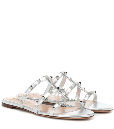 Shop Valentino Rockstud Leather Sandals In Silver