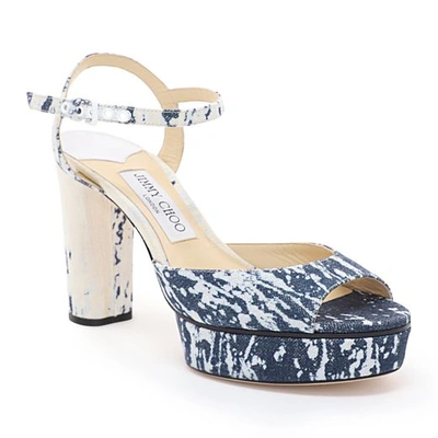 Shop Jimmy Choo Peachy 105 Bleached Denim Platform Sandals In Denim/white