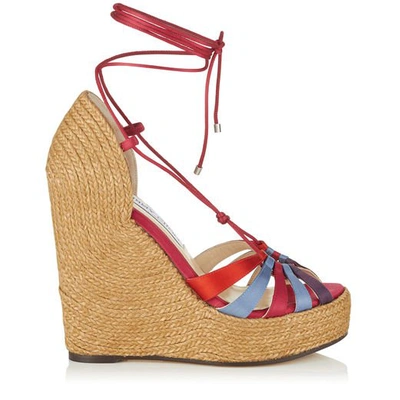 Shop Jimmy Choo Denize 125 Satin Chilli Mix Wrap Around Wedges