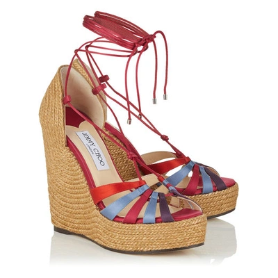 Shop Jimmy Choo Denize 125 Satin Chilli Mix Wrap Around Wedges