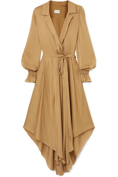 Shop Arje Wrap-effect Belted Silk-satin Dress In Taupe