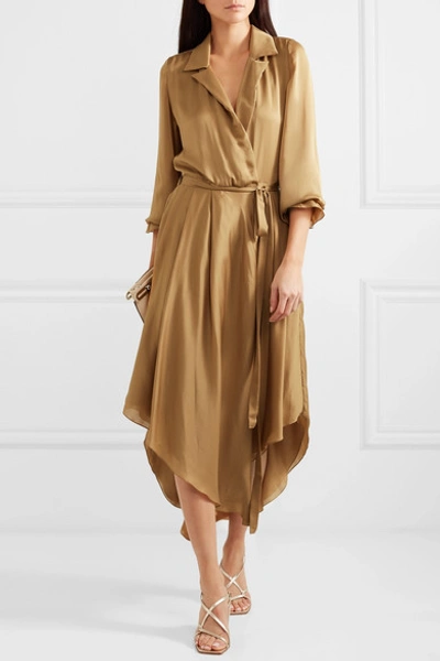 Shop Arje Wrap-effect Belted Silk-satin Dress In Taupe