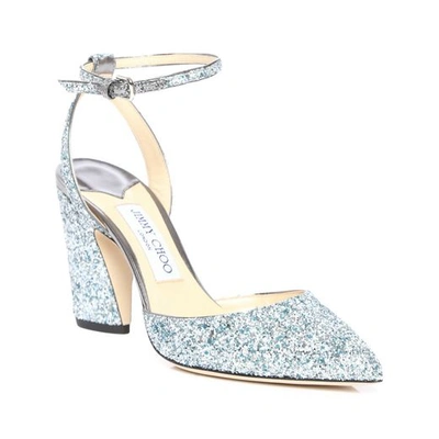 Shop Jimmy Choo Micky 85 Denim Mix Painted Coarse Glitter Fabric Pointy Toe Pumps