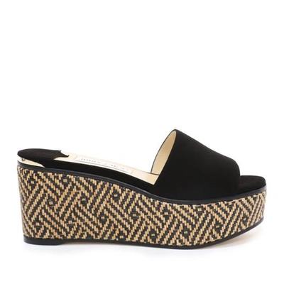 Shop Jimmy Choo Deedee 80 Natural And Black Suede Wedges With Woven Braided Raffia In Natural/black