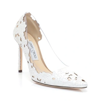 Shop Jimmy Choo Romy 100 White And Clear Pointy Toe Pumps In Perforated Lace Fabric And Plexi In White/clear