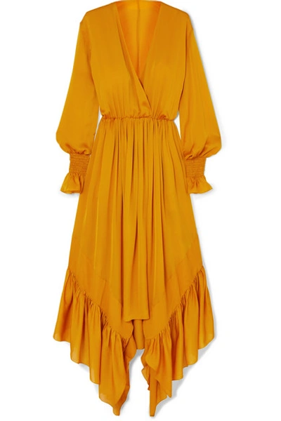 Shop Arje Ruffled Asymmetric Silk-satin Maxi Dress In Saffron