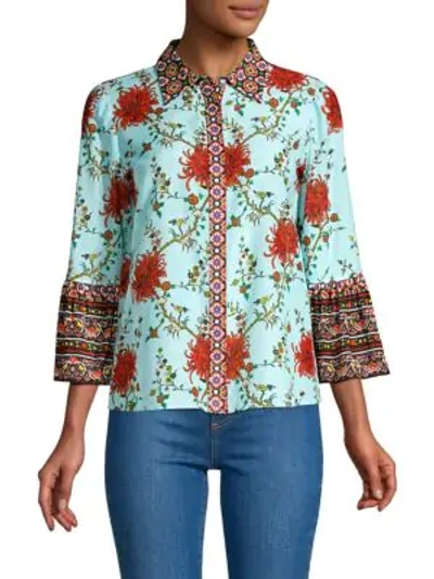 Shop Alice And Olivia Rana Floral Ruffle Sleeve Blouse In Chrysanthemum Border Powder Blue
