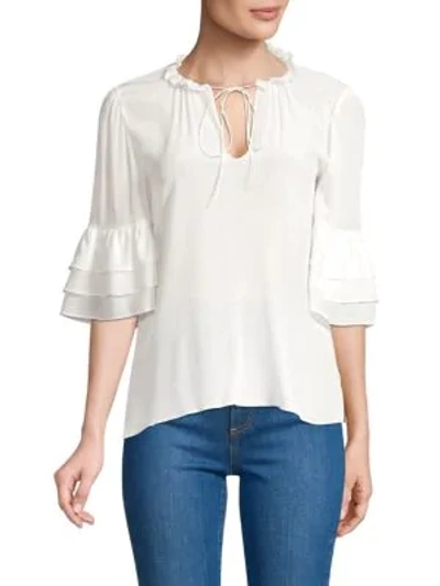 Shop Alice And Olivia Julius Silk Ruffled Elbow-sleeve Tie Blouse In Off White
