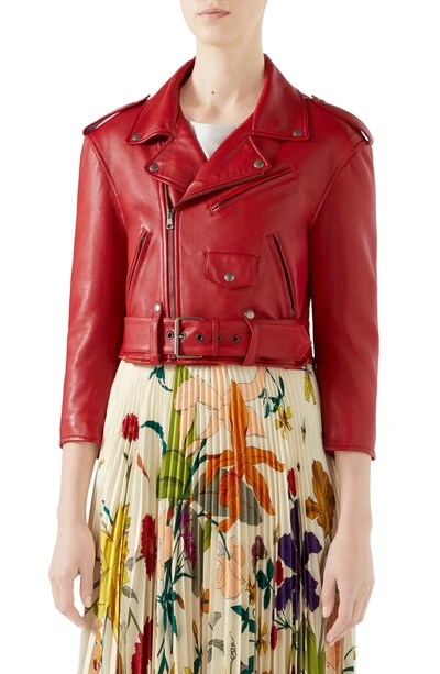 Shop Gucci Chateau Marmont Embellished Leather Biker Jacket In Red/ Multicolor