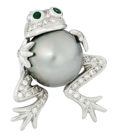 Shop Kojis Platinum Tahitian Pearl Gemstone Frog Brooch In White, Gold