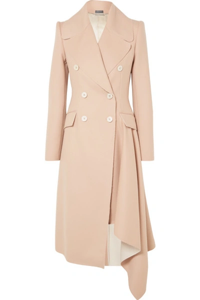 Shop Alexander Mcqueen Asymmetric Double-breasted Frayed Wool And Cashmere-blend Coat In Beige