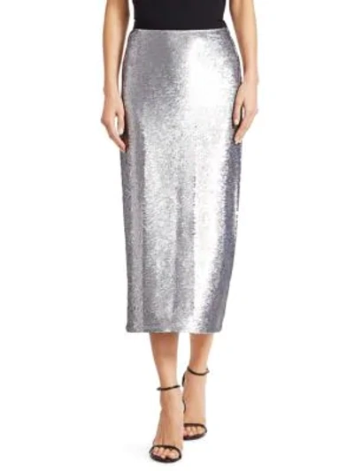 Shop Cinq À Sept Paula Sequin Midi Skirt In Silver