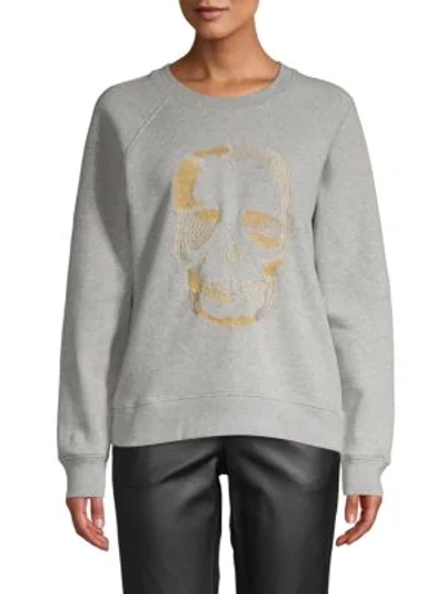 Shop Zadig & Voltaire Embroidered Skull Cotton Sweater In Grey