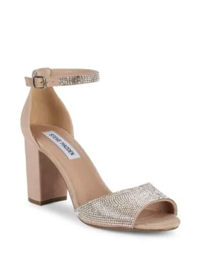 Shop Steve Madden Mae Chunky Heel Jeweled Leather Sandals In Nude Multi