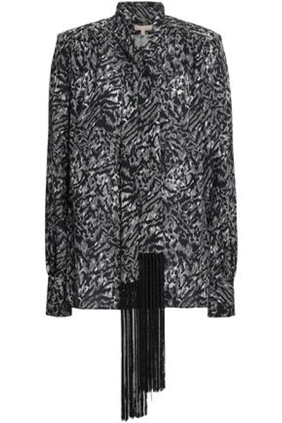 Shop Michael Kors Woman Fringe-trimmed Printed Silk-crepe Blouse Black