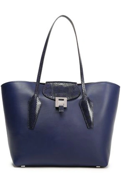 Shop Michael Kors Collection Woman Smooth And Snake-effect Leather Tote Navy