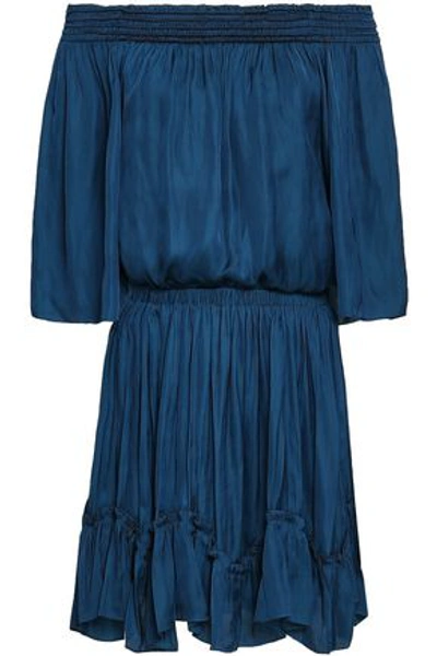 Shop Halston Heritage Halston Woman Off-the-shoulder Ruched Satin Mini Dress Royal Blue