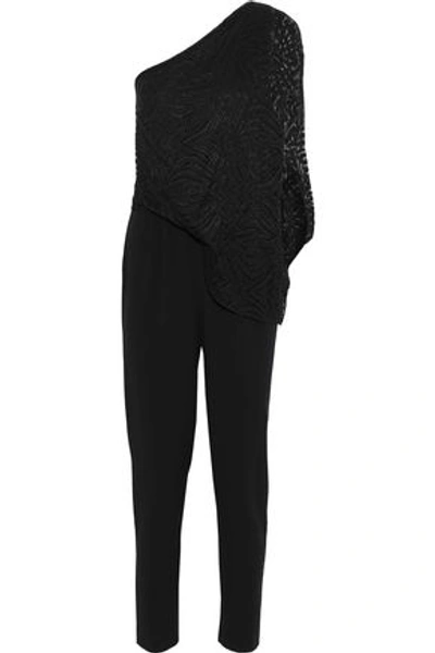 Shop Halston Heritage Woman One-shoulder Layered Lace And Crepe Jumpsuit Black