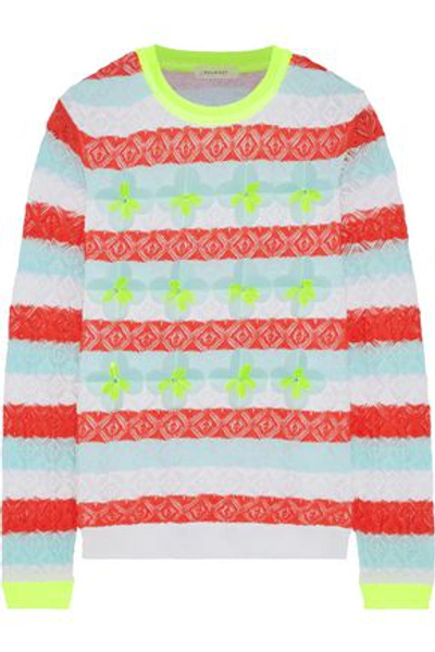 Shop Delpozo Woman Floral-appliquéd Striped Pointelle-knit Cotton-blend Sweater Red