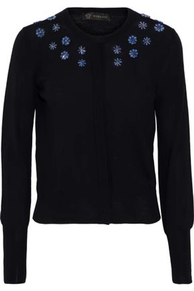 Shop Versace Woman Crystal-embellished Wool Cardigan Black