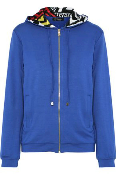 Shop Versace Woman Embellished Stretch-jersey Hoodie Blue