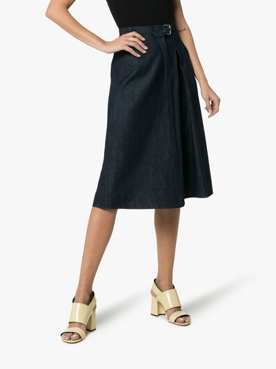 Shop Marni Denim Belted Side Pleat Skirt In Steelblue