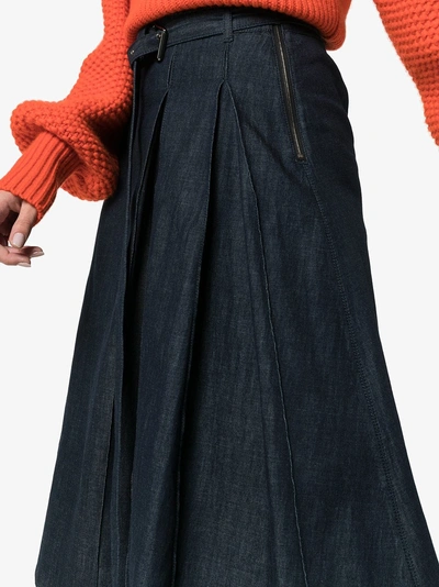 Shop Marni Denim Belted Side Pleat Skirt In Steelblue