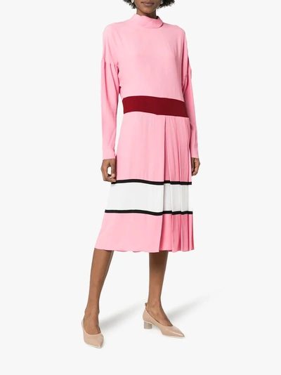 Shop Marni Contrast Waist Pleated Skirt Midi Dress In Pink Clematis