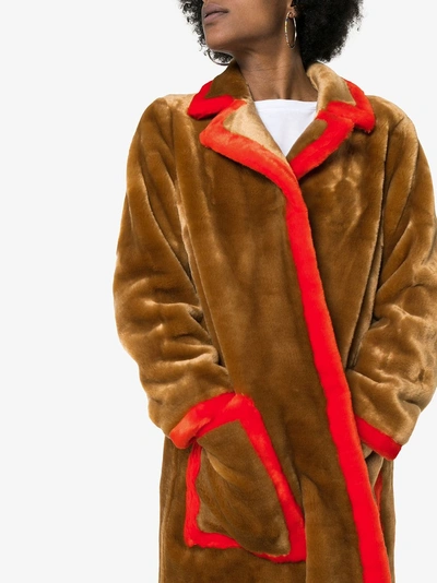 Shop Stand Studio Stand Chantal Faux Fur Trimmed Teddy Coat In Camel/red