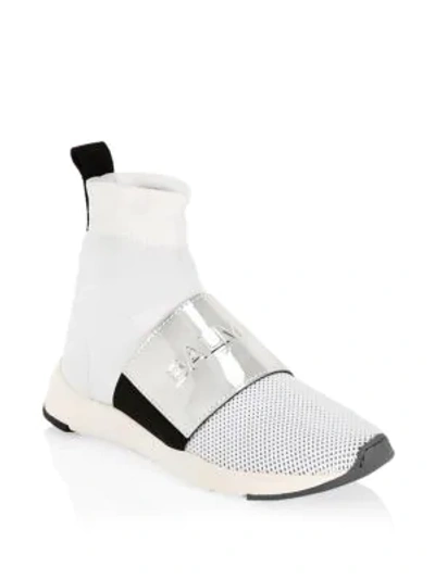 Shop Balmain Cameron Knit Logo Sneaker Boots In Bianco Travertino