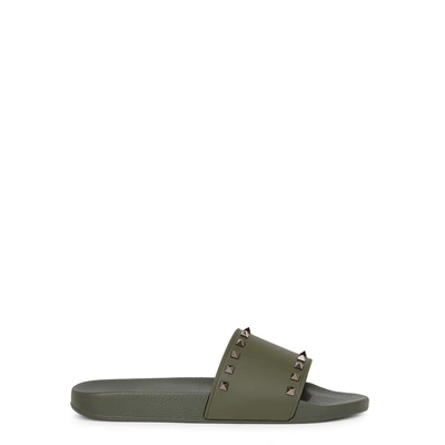 Shop Valentino Army Green Studded Rubber Sliders In Khaki
