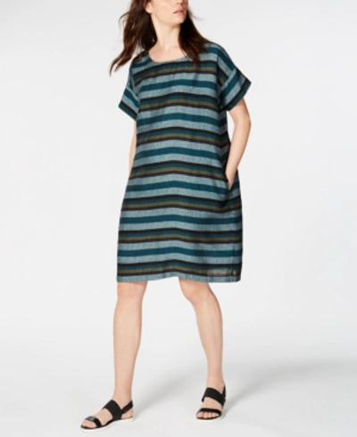Shop Eileen Fisher Printed Organic Linen Shift Dress, Regular & Petite In Teal