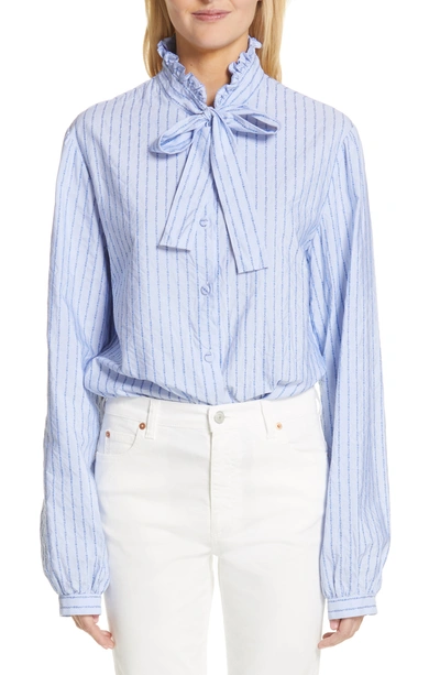 Shop Gucci Logo Stripe Tie Neck Blouse In 4159 Light Sky Blue