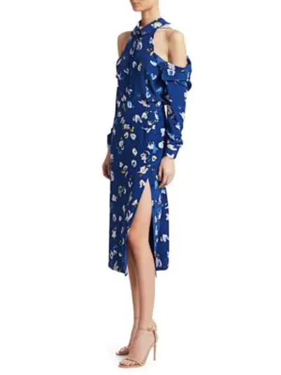 Shop Altuzarra Gathered Cold-shoulder Silk Floral Shirtdress In Dusk