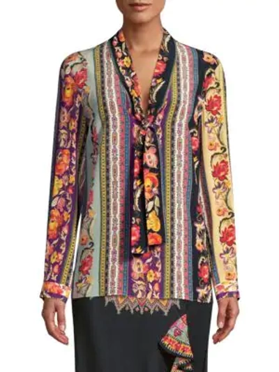 Shop Etro Ribbon Floral Tie-neck Silk Blouse In Pink