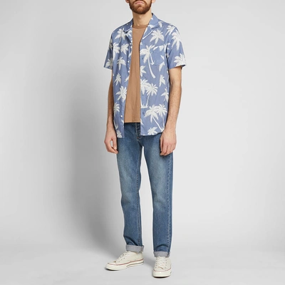 Shop Officine Generale Short Sleeve Dario Palm Print Shirt In Blue