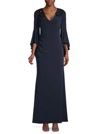 Shop Calvin Klein Embellished Stretch Bell-sleeve Gown In Twilight