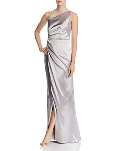 Shop Aidan Mattox Draped One-shoulder Gown In Silver